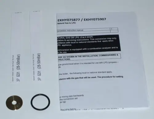 Daikin Umbau-Set mit Anleitung zur Umstellung auf LPG, inkl. Bauteile wie Dichtungen und Etiketten für den Gasbetrieb. Anweisungen zur Installation und Sicherheit enthalten.